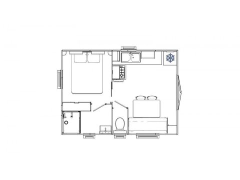 Mobilheim 2 Personen - Cottage Premium 20m² - (1 Schlafraum) + Klimaanlage + überdachte Terrasse + Geschirrspüler + TV + Bettwäsche 2 pers.