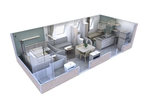 Mobilheim 4 Personen - Mobilheim Premium 33m² (2 Zimmer) + Überdachte Terrasse + Klimaanlage + LV + TV + Bettwäsche 4 Pers.