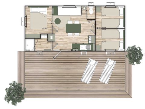 MOBILHEIM 6 Personen - Homeflower Premium 33.5m² - 3 Schlafzimmer - halbüberdachte Terrasse +LV + BBQ