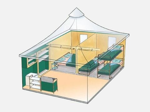 TIENDA DE CAMPAÑA 5 personas - Tienda amueblada Kiwi 25 m² + terraza 9 m² + toldo 5 pers