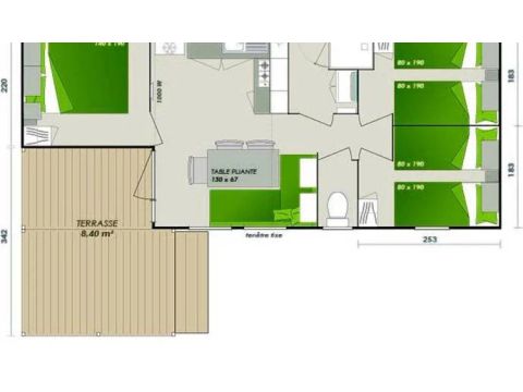 MOBILHOME 6 personas - Confort | 3 Dormitorios | 6 Pers | Terraza individual | 1 Baño | Aire acondicionado