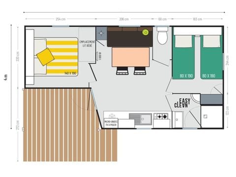 Stacaravan 4 personen - Cottage 2 slaapkamers - 22 m² - 4 slaapplaatsen (max. 2 volwassenen) - Huisdieren niet toegestaan.  7 m² terras