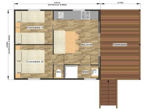 Chalet 5 personen - Cottage premium (2022) am Flussufer, 2 Zimmer, überdachte Terrasse 5 Pers.