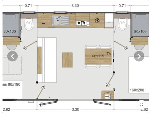 Mobile home 4 persons - Olivier (2023), 2 bedrooms 2 bathrooms, large living room (tv), terrace, wifi