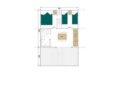 Tent van canvas en hout 4 personen - Lodge Toilé Confort 25m² (2 kamers) - met sanitair - overdekt terras