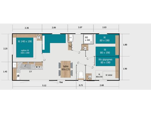 MOBILHOME 6 personas - Confort 34m² (3 habitaciones) - Terraza cubierta