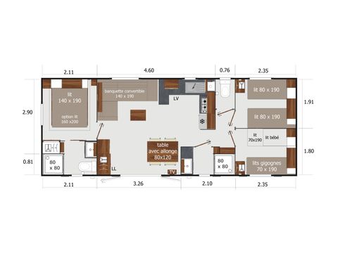 MOBILHOME 6 personas - Premium 39m² (3 dormitorios) - 2 baños - terraza cubierta
