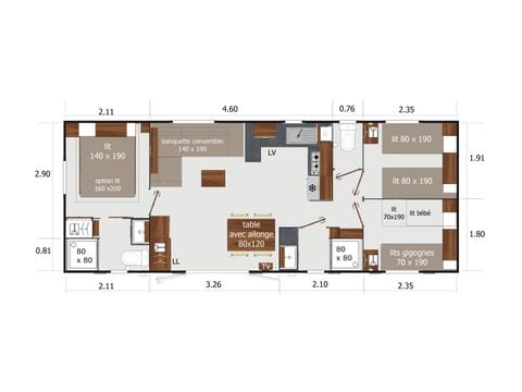 Stacaravan 6 personen - Premium 39m² (3 kamers) - 2 badkamers - overdekt terras