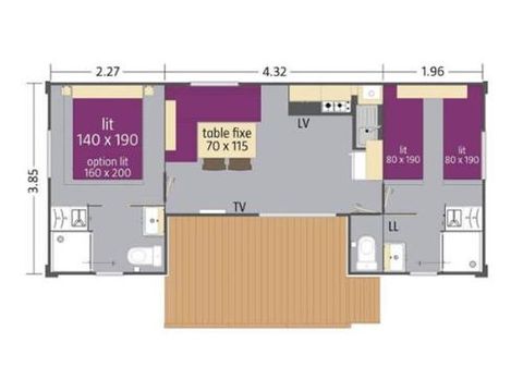 Mobile home 6 persons - CLASSIC 33-2-2 >10years - max. 4 adults - TV, 2 bedrooms - 2 shower rooms, approx. 33m²