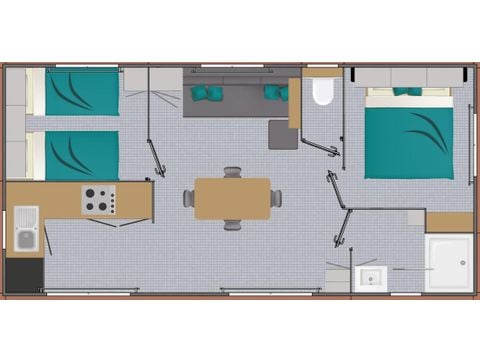 Mobilheim 6 Personen - PRIVILEGE 30-2 - max. 4 Erwachsene - Fernseher, 2 Schlafzimmer (Bett 160*200), ca. 30m², Geschirrspüler, Toaster, Espressomaschine, 2 Liegestühle
