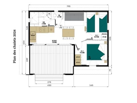 CHALET 4 personnes - Premium 32m² - 2 chambres  (CLIM + TV + Plancha)