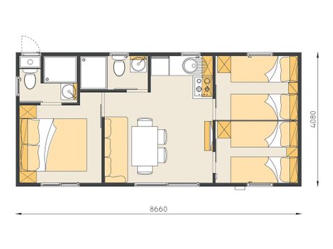 Mobilhome 6 personnes - Mobil-home | Comfort XL | 3 Ch. | 6 Pers. | Terrasse surélevée | 2 SDB | Clim. | TV