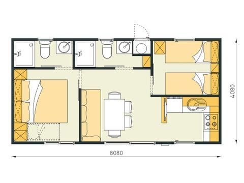 Mobilhome 4 personnes - Comfort XL | 2 Ch. | 4 Pers. | Terrasse surélevée | 2 SDB | Clim. | TV