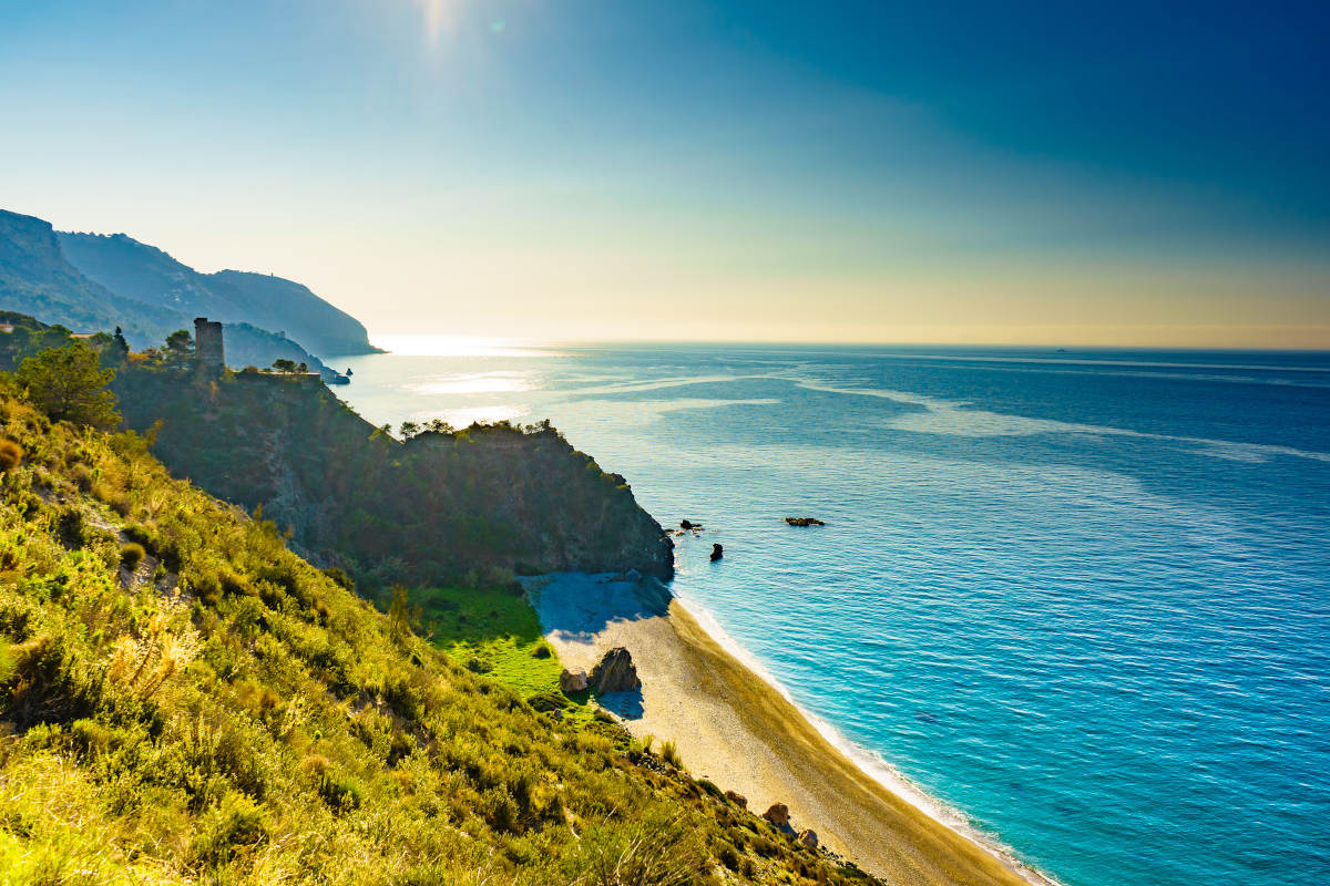 Coast View With Watchtower. Torre Del Pino, Pine Tower On Cliffs